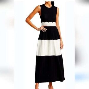 Lela Rose Black and White Striped Knit Maxi Dress XL‎ Sleeveless Scalloped READ